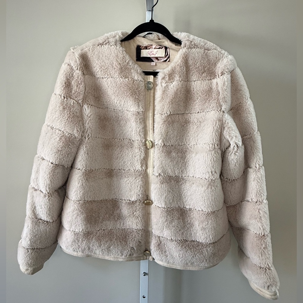 Eliza J Cream Teddy Jacket Faux Fur Button Front Coat Size L